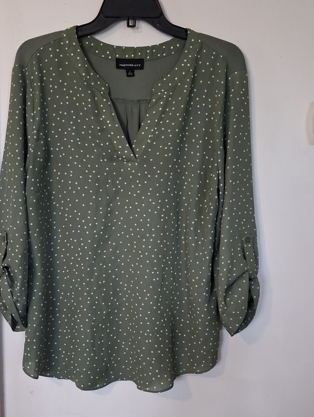 Fortune + Ivy Olive Green Polka Dot Split-Neck Blouse